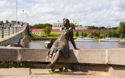 Monument. Tired Tourist Girl Monument in Veliky Novgorod. Sculptor Vadim Borovykh.