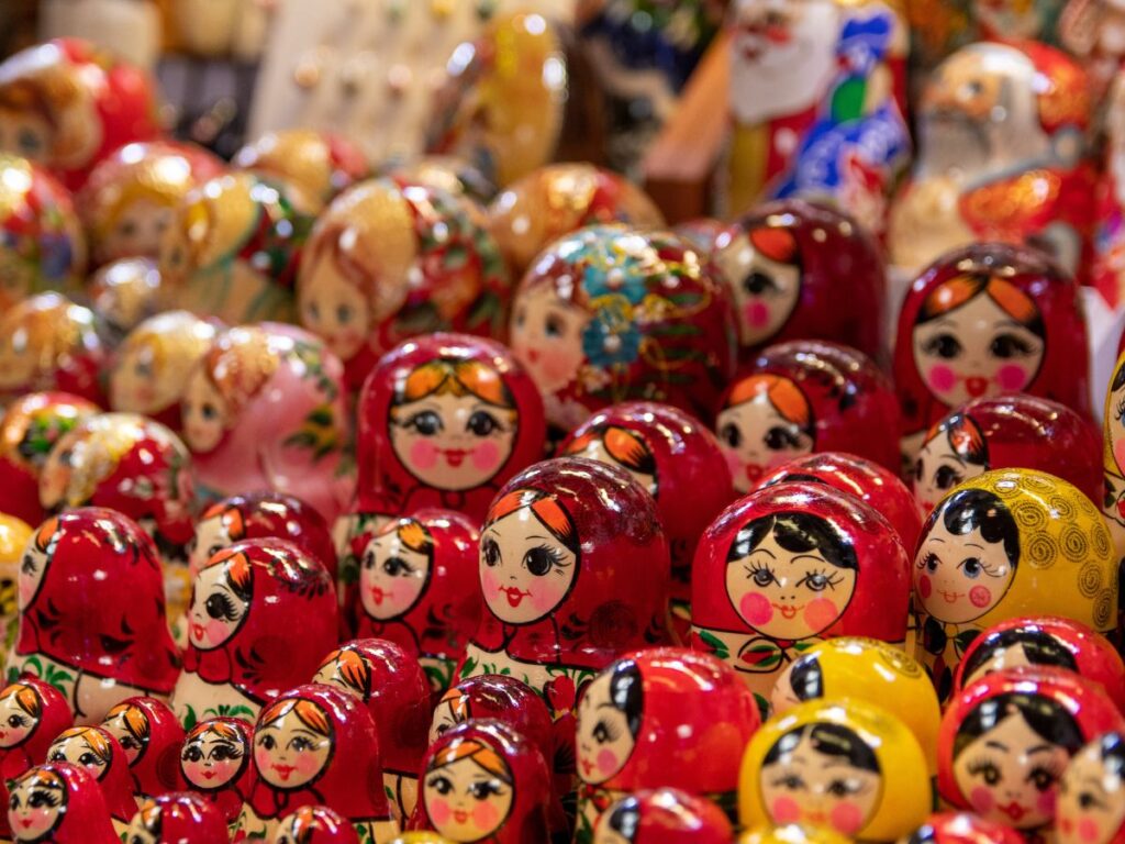 Culture. Closeup of Russian nesting dolls or Matryoshka dolls for sale in store