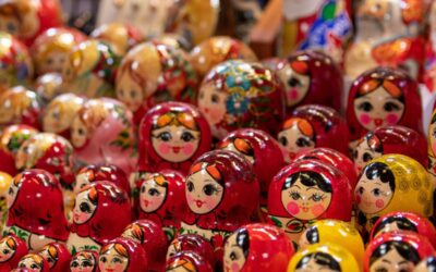 Culture. Closeup of Russian nesting dolls or Matryoshka dolls for sale in store